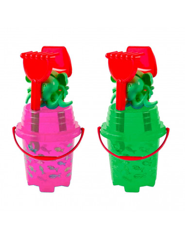Tradineur - Cubo de playa con accesorios, Semitransparente, dibujos de peces, Incluye: cubo, pala, rastrillo, etc. Ideal para ju