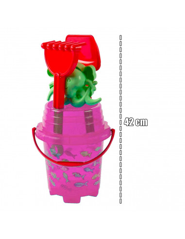 Tradineur - Cubo de playa con accesorios, Semitransparente, dibujos de peces, Incluye: cubo, pala, rastrillo, etc. Ideal para ju