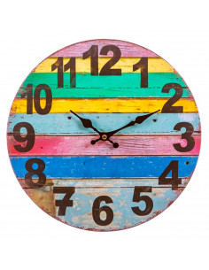 Tradineur - Reloj de pared redondo de madera con números grandes, diseño vintange con rayas de colores, sala de estar, oficina,