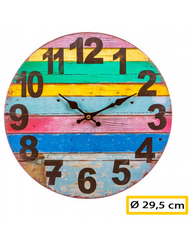 Tradineur - Reloj de pared redondo de madera con números grandes, diseño vintange con rayas de colores, sala de estar, oficina,