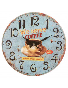 Tradineur - Reloj de pared de madera redondo con números grandes, diseño vintage "We serve coffee", cocina, cafetería, bar (Café