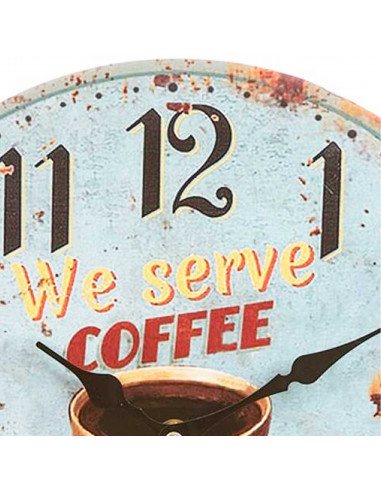 Tradineur - Reloj de pared de madera redondo con números grandes, diseño vintage "We serve coffee", cocina, cafetería, bar (Café