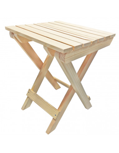 Tradineur - Taburete plegable de madera con reposapiés, mesita auxiliar sin tratar de jardín, balcón, terraza, camping, picnic,