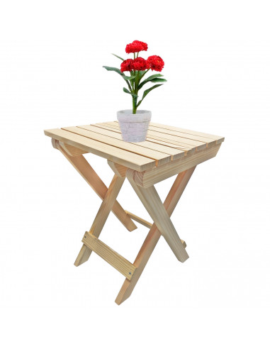 Tradineur - Taburete plegable de madera con reposapiés, mesita auxiliar sin tratar de jardín, balcón, terraza, camping, picnic,