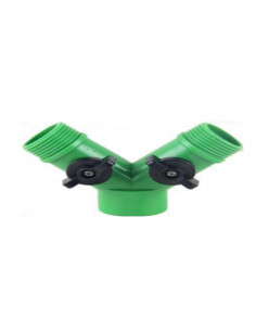 Conector de manguera doble de 7 x 7,5 cm, color verde y con regulador individual en forma de "Y". Herramienta para regado y cuid