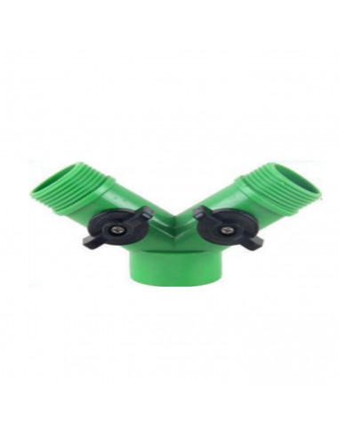 Conector de manguera doble de 7 x 7,5 cm, color verde y con regulador individual en forma de "Y". Herramienta para regado y cuid