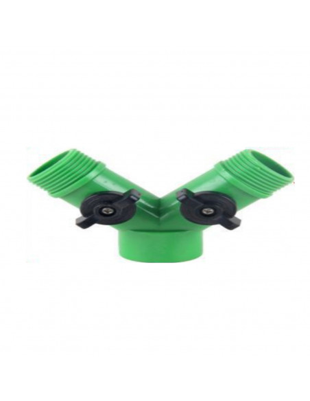 Conector de manguera doble de 7 x 7,5 cm, color verde y con regulador individual en forma de "Y". Herramienta para regado y cuid