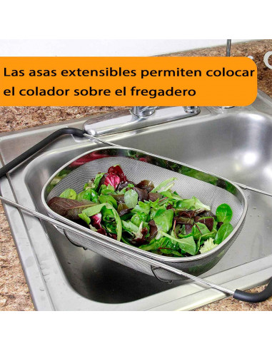 Quttin - Escurridor de acero inoxidable para fregadero, incluye asas extensibles y malla fina, colador para verduras, pasta, 33,