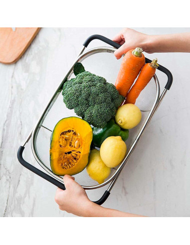 Quttin - Escurridor de acero inoxidable para fregadero, incluye asas extensibles y malla fina, colador para verduras, pasta, 33,