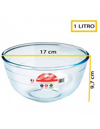 Tradineur - Bol de mezclas de vidrio borosilicato con tapa de plástico, cuenco multiusos apto para microondas, lavavajillas (1 l