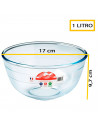 Tradineur - Bol de mezclas de vidrio borosilicato con tapa de plástico, cuenco multiusos apto para microondas, lavavajillas (1 l