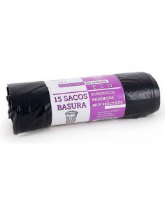 Tradineur - Pack de 15 bolsas de basura de plástico reciclado resistentes y antigoteo para papeleras y cubos de basura (Negro, 5