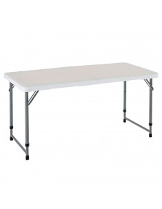 Tradineur - Mesa plegable de metal y plástico con altura ajustable, 2 posiciones, asa de transporte, playa, camping (Blanco, 58,