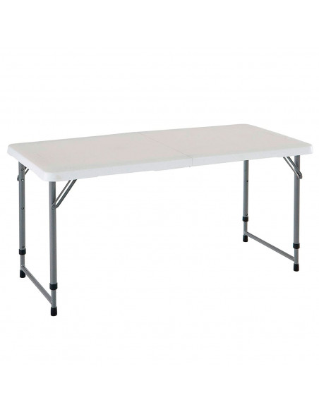 Tradineur - Mesa plegable de metal y plástico con altura ajustable, 2 posiciones, asa de transporte, playa, camping (Blanco, 58,
