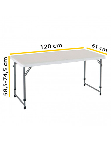 Tradineur - Mesa plegable de metal y plástico con altura ajustable, 2 posiciones, asa de transporte, playa, camping (Blanco, 58,