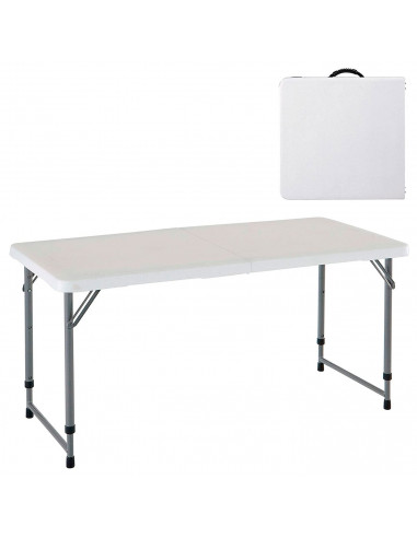 Tradineur - Mesa plegable de metal y plástico con altura ajustable, 2 posiciones, asa de transporte, playa, camping (Blanco, 58,