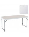 Tradineur - Mesa plegable de metal y plástico con altura ajustable, 2 posiciones, asa de transporte, playa, camping (Blanco, 58,