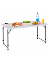 Tradineur - Mesa plegable de metal y plástico con altura ajustable, 2 posiciones, asa de transporte, playa, camping (Blanco, 58,