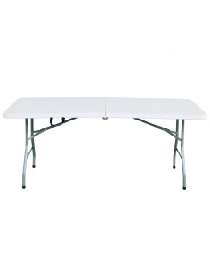 Tradineur - Mesa plegable de metal con superficie de plástico y asa de transporte, multiusos, playa, camping, eventos, catering