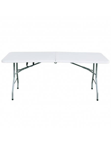 Tradineur - Mesa plegable de metal con superficie de plástico y asa de transporte, multiusos, playa, camping, eventos, catering
