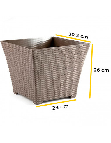Tradineur - Maceta de plástico cuadrada Rattan, macetero, tiesto, recipiente para plantas, flores, balcón, terraza, jardín, 30,5