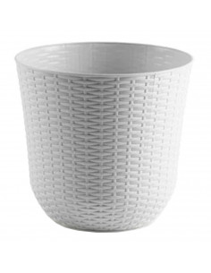 Tradineur - Maceta de plástico redonda Rattan, macetero, tiesto para plantas, flores, balcón, terraza, jardín (Blanco, 32,5 x 30