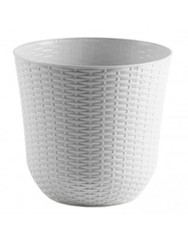 Tradineur - Maceta de plástico redonda Rattan, macetero, tiesto para plantas, flores, balcón, terraza, jardín (Blanco, 32,5 x 30