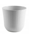 Tradineur - Maceta de plástico redonda Rattan, macetero, tiesto para plantas, flores, balcón, terraza, jardín (Blanco, 32,5 x 30