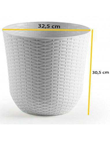 Tradineur - Maceta de plástico redonda Rattan, macetero, tiesto para plantas, flores, balcón, terraza, jardín (Blanco, 32,5 x 30