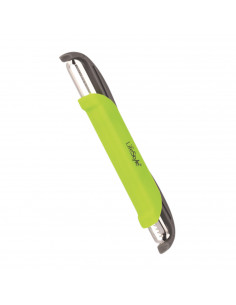 Pelador vertical con 2  cortes de 16 x 2,5 cm de color verde. Quitapiel para verduras u hortalizas de inox con doble cuchilla. P