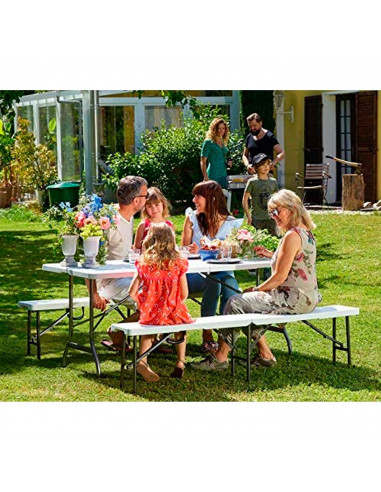 Tradineur - Banco plegable de plástico y acero con asa de transporte, portátil, ultrarresistente, jardín, camping, eventos (Blan