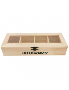 Tradineur - Caja de madera "Infusiones" con tapa de cristal, caja de almacenamiento decorativa, madera natural, guardar té, manz