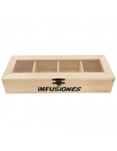 Tradineur - Caja de madera "Infusiones" con tapa de cristal, caja de almacenamiento decorativa, madera natural, guardar té, manz