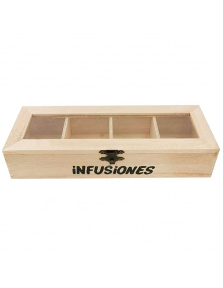 Tradineur - Caja de madera "Infusiones" con tapa de cristal, caja de almacenamiento decorativa, madera natural, guardar té, manz