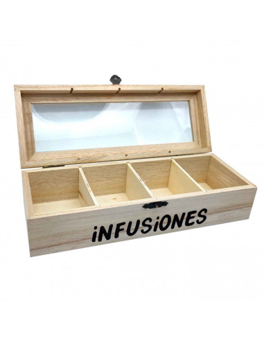 Tradineur - Caja de madera "Infusiones" con tapa de cristal, caja de almacenamiento decorativa, madera natural, guardar té, manz