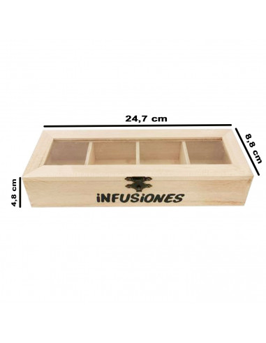Tradineur - Caja de madera "Infusiones" con tapa de cristal, caja de almacenamiento decorativa, madera natural, guardar té, manz