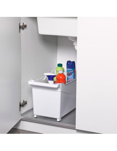 Tradineur - Carrito de plástico multiusos con ruedas y asa Nº2, cesta organizadora para productos de limpieza, baño, cocina, 28