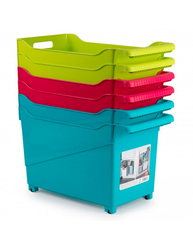 Tradineur - Carrito de plástico multiusos con ruedas y asa Nº2, cesta organizadora para productos de limpieza, baño, cocina, 28