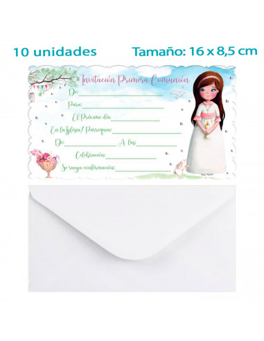 Tradineur - Set de 10 invitaciones con sobre para Primera Comunión, papel, amigos, familia, fiestas, celebraciones religiosas (N