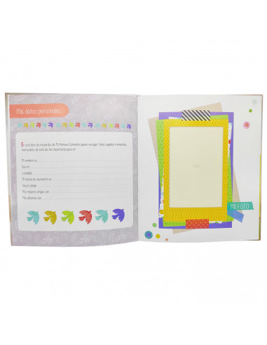Tradineur - Libro de Primera Comunión con tapa acolchada, incluye espacios para fotos, dedicatorias, datos personales, regalos (