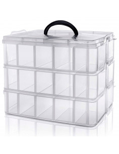 Tradineur - Caja organizadora de plástico, 3 baldas y asa, 30 compartimentos, divisores removibles, almacenamiento tornillos, bo