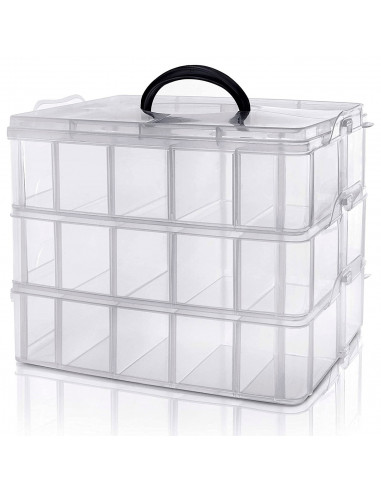 Tradineur - Caja organizadora de plástico, 3 baldas y asa, 30 compartimentos, divisores removibles, almacenamiento tornillos, bo