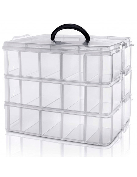 Tradineur - Caja organizadora de plástico, 3 baldas y asa, 30 compartimentos, divisores removibles, almacenamiento tornillos, bo