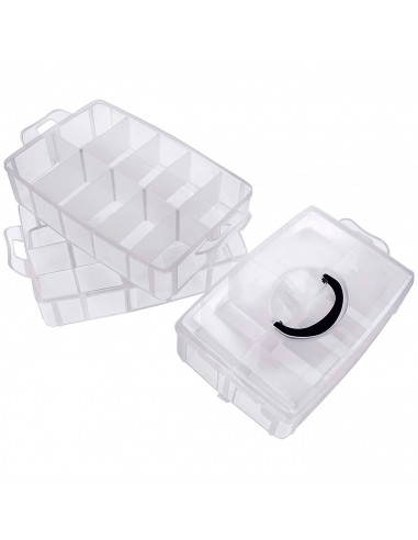 Tradineur - Caja organizadora de plástico, 3 baldas y asa, 30 compartimentos, divisores removibles, almacenamiento tornillos, bo