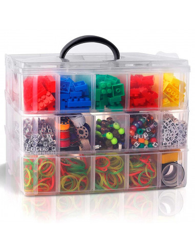 Tradineur - Caja organizadora de plástico, 3 baldas y asa, 30 compartimentos, divisores removibles, almacenamiento tornillos, bo