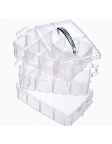 Tradineur - Caja organizadora de plástico, 3 baldas y asa, 30 compartimentos, divisores removibles, almacenamiento tornillos, bo