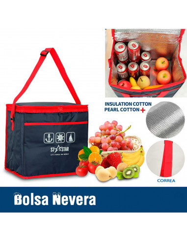 Tradineur - Bolsa porta alimentos, nevera térmica con correa ajustable y aislante interior, plegable, picnic, playa, camping (23