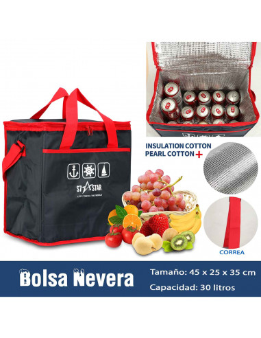 Tradineur - Bolsa térmica porta alimentos, nevera con asas, correa ajustable y aislante interior, plegable, picnic, playa, campi