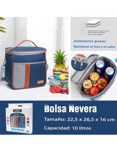 Tradineur - Bolsa térmica de tela, nevera porta alimentos con aislamiento, asa y correa ajustable, picnic, playa, camping (10 li