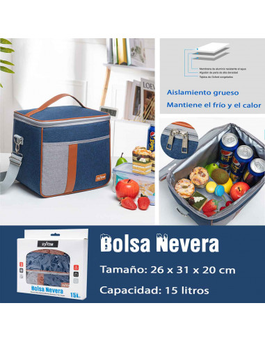 Tradineur - Bolsa nevera térmica de tela porta alimentos con aislamiento, asa y correa ajustable, picnic, playa, camping (15 lit